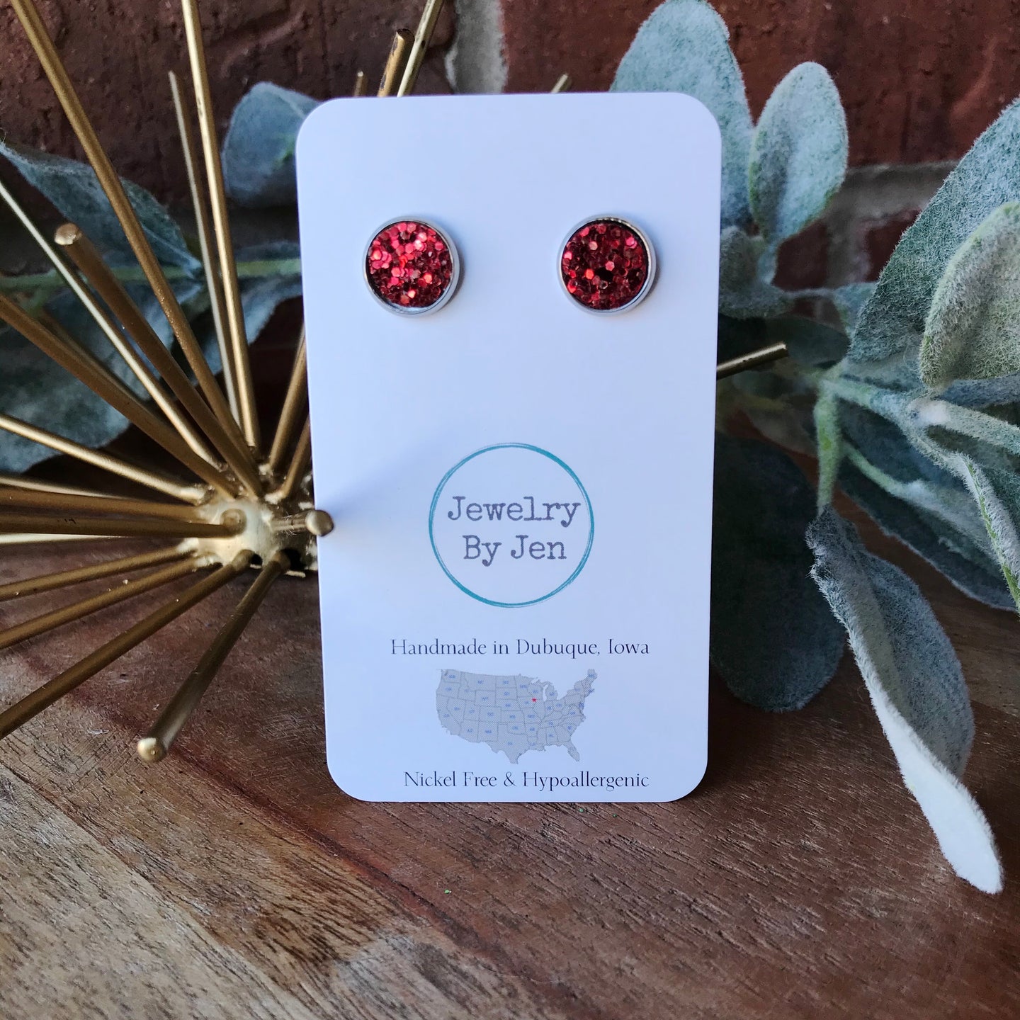 Stud Earrings: Red Glitter