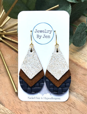 Triple Stacked Teardrop Earrings: Weathered Cream, Cognac Suede and Navy Weaved