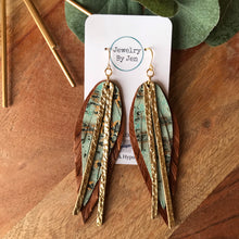Load image into Gallery viewer, Narrow Fringe Feather Earrings: Turquoise Wildwood, Cognac &amp; Gold