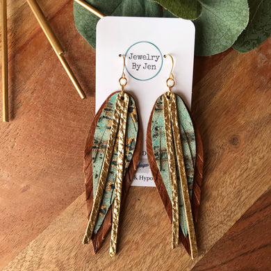 Narrow Fringe Feather Earrings: Turquoise Wildwood, Cognac & Gold