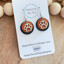Load image into Gallery viewer, Paw Charm Earrings: Black &amp; Orange Glitter